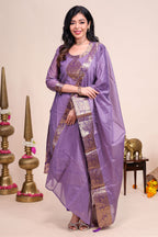 Purple traditional salwar suit with front U-neck, 3/4 sleeves and contrast bottom