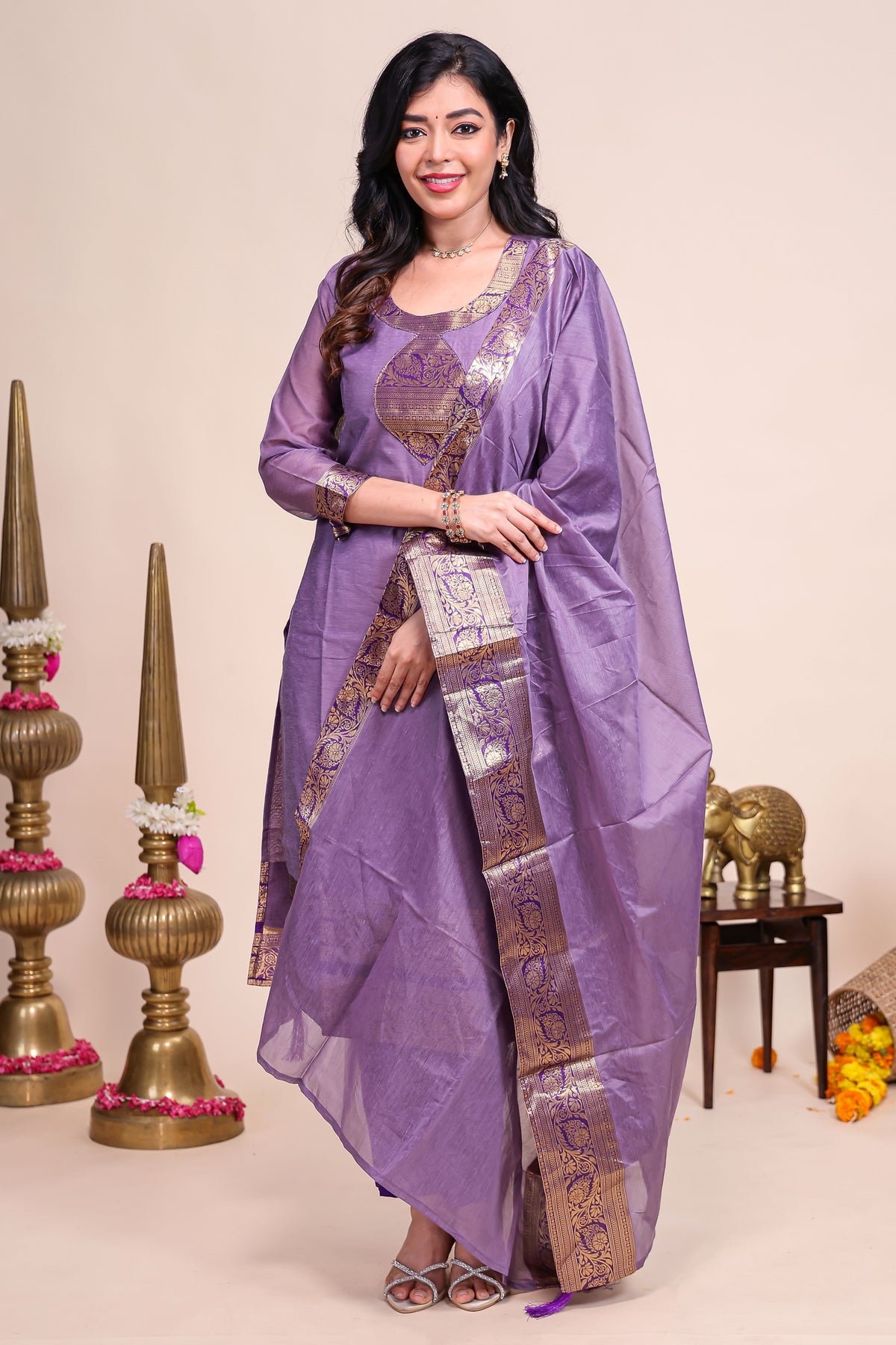 Purple traditional salwar suit with front U-neck, 3/4 sleeves and contrast bottom