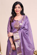 Purple traditional salwar suit with front U-neck, 3/4 sleeves and contrast bottom