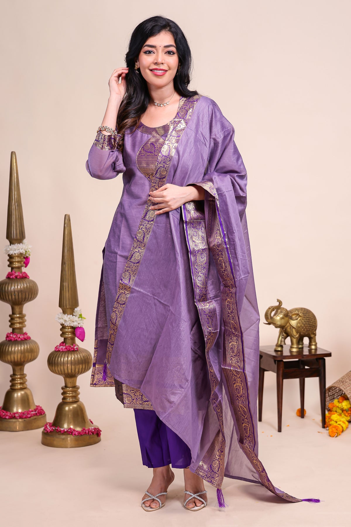 Purple traditional salwar suit with front U-neck, 3/4 sleeves and contrast bottom