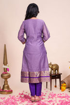 Purple traditional salwar suit with front U-neck, 3/4 sleeves and contrast bottom