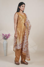 Beige gold floral designed straight cut kurta set with pant and a shawl