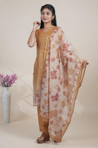 Beige gold floral designed straight cut kurta set with pant and a shawl