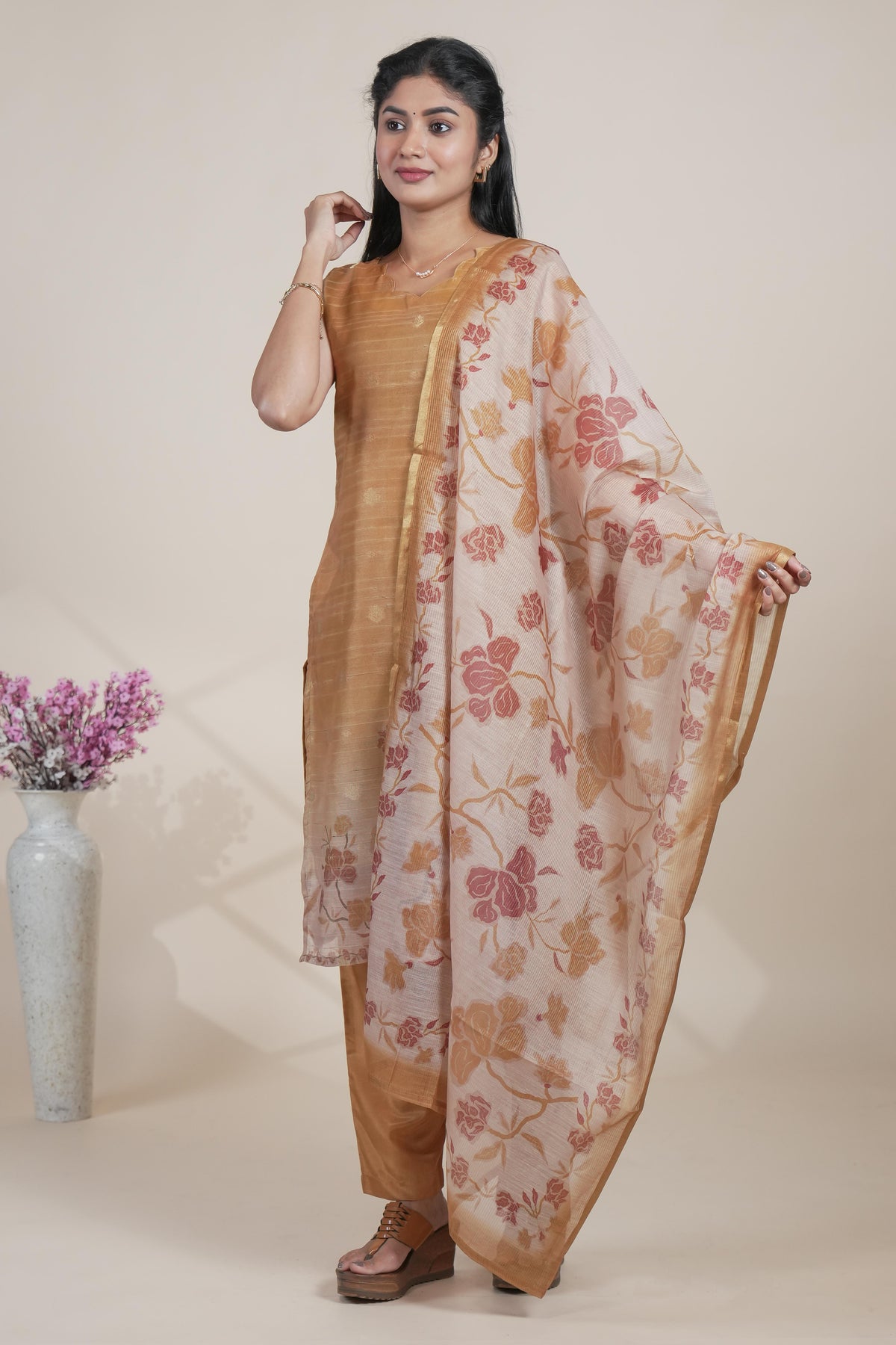 Beige gold floral designed straight cut kurta set with pant and a shawl
