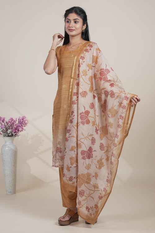 Beige gold floral designed straight cut kurta set with pant and a shawl