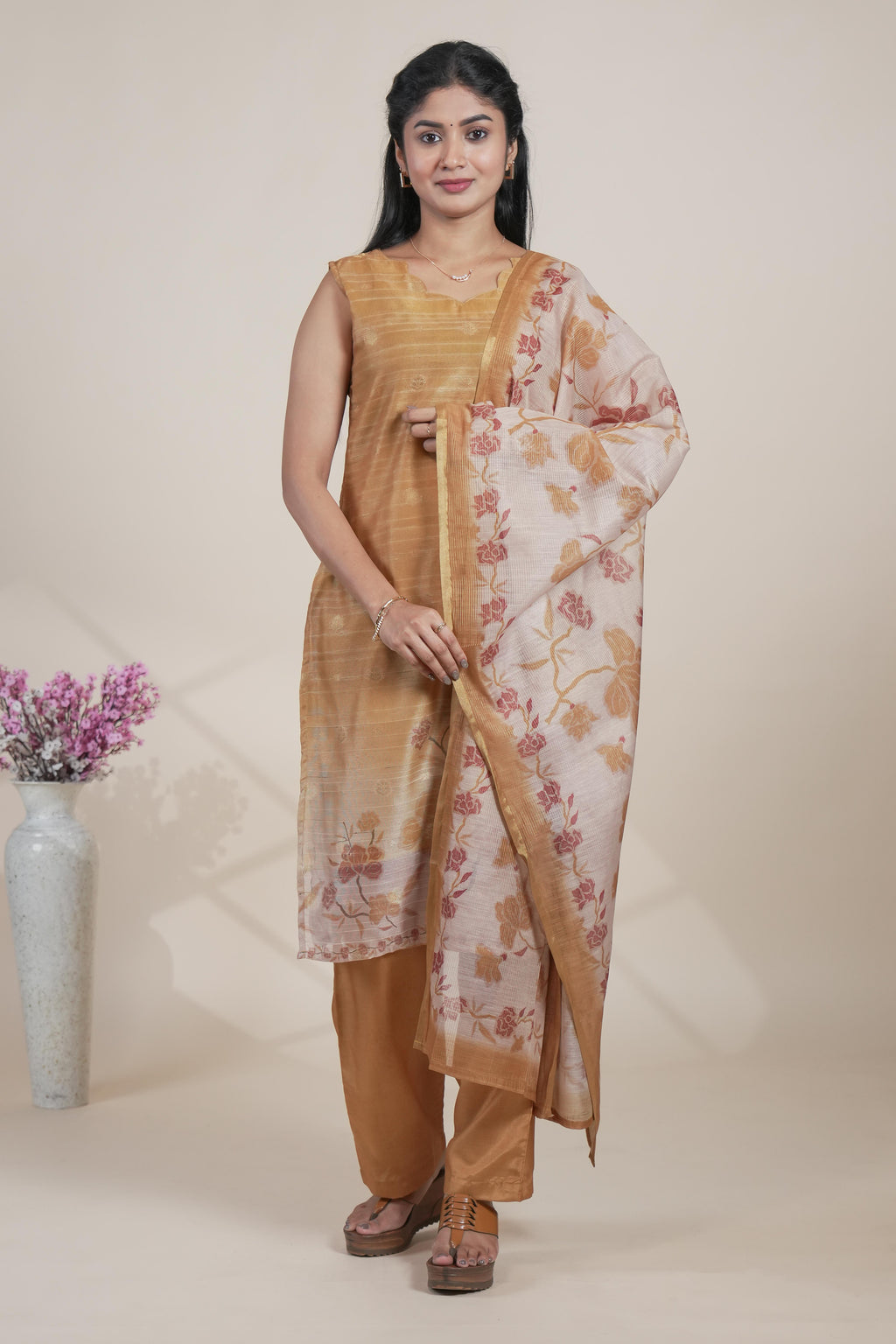 Beige gold floral designed straight cut kurta set with pant and a shawl