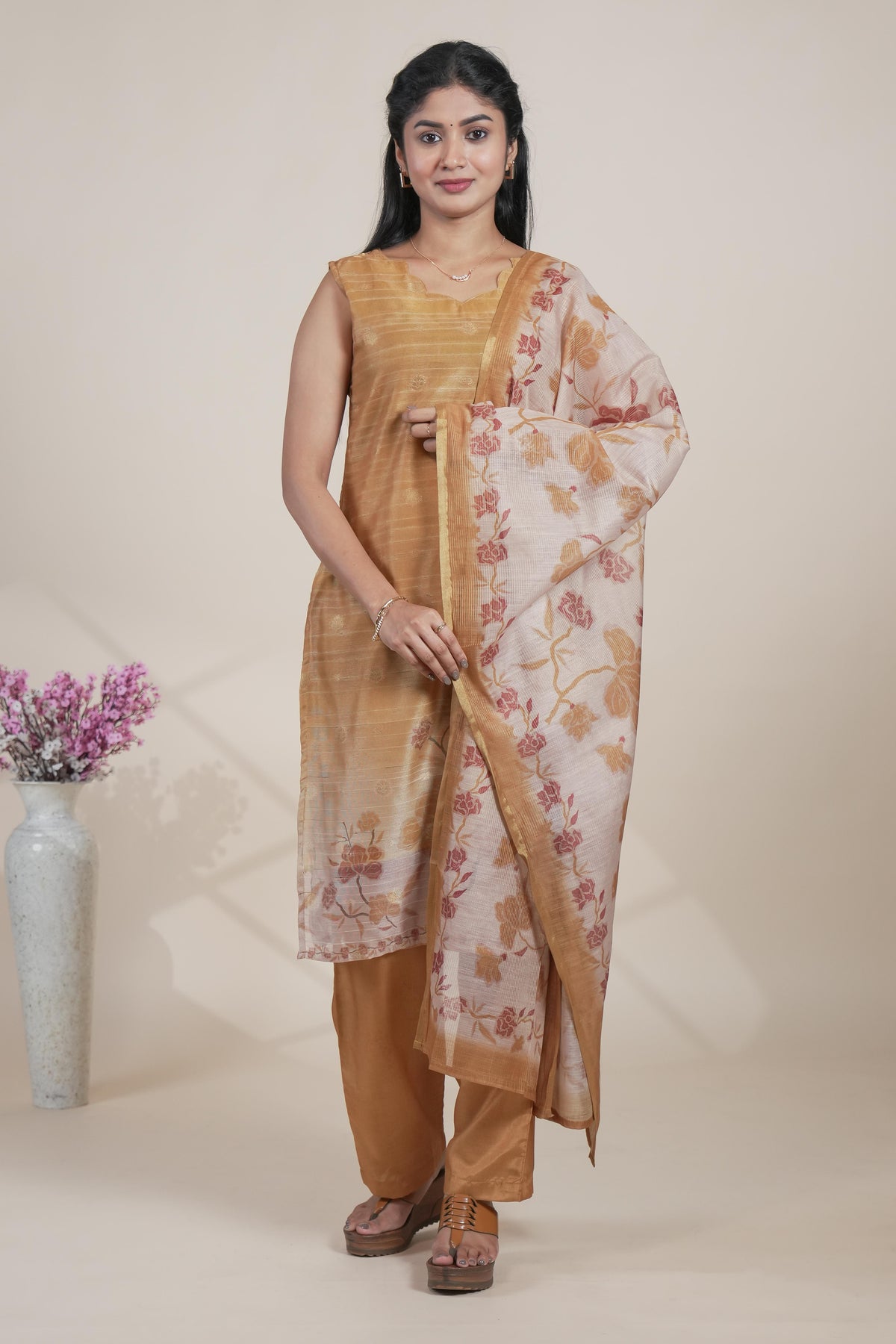 Beige gold floral designed straight cut kurta set with pant and a shawl