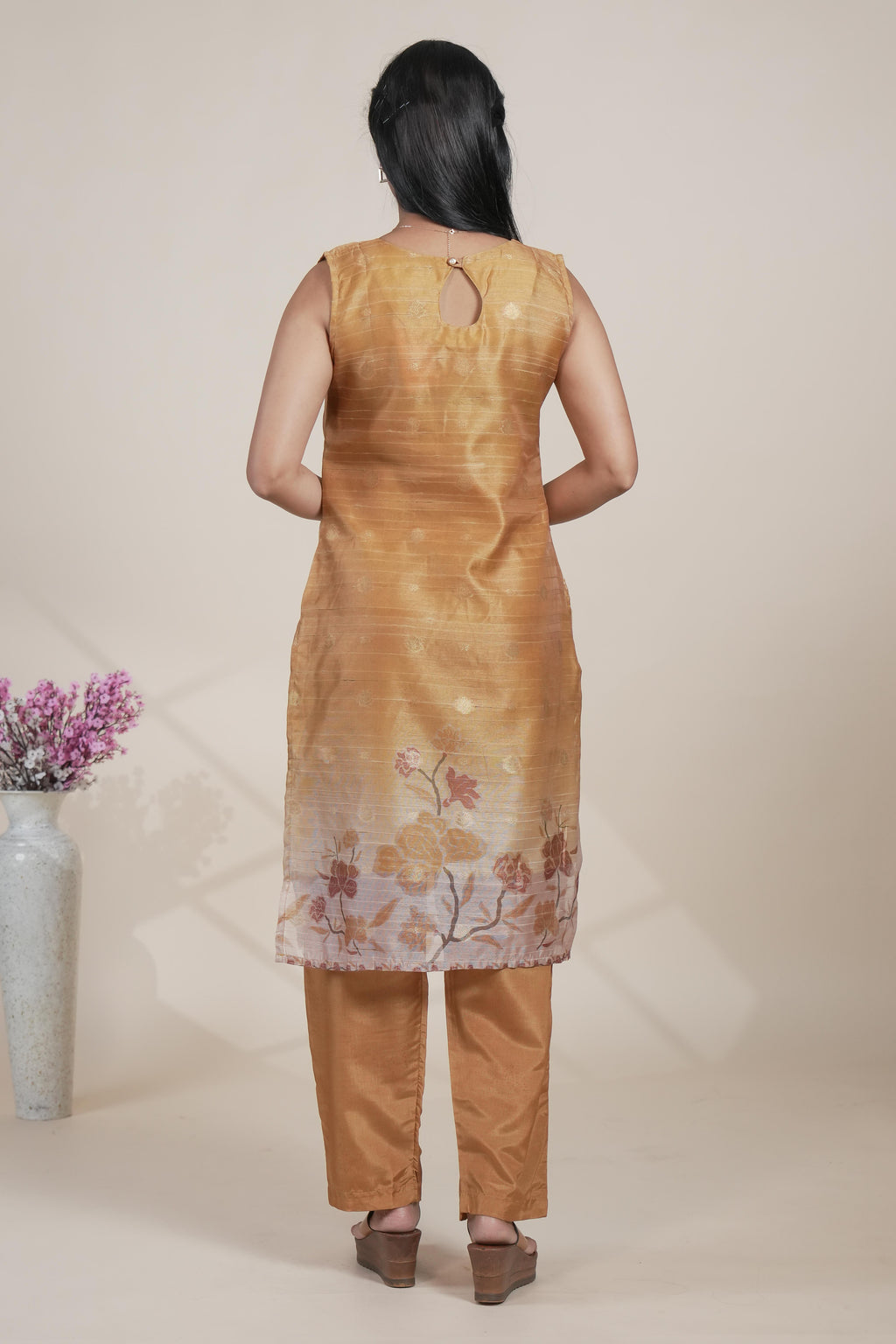 Beige gold floral designed straight cut kurta set with pant and a shawl