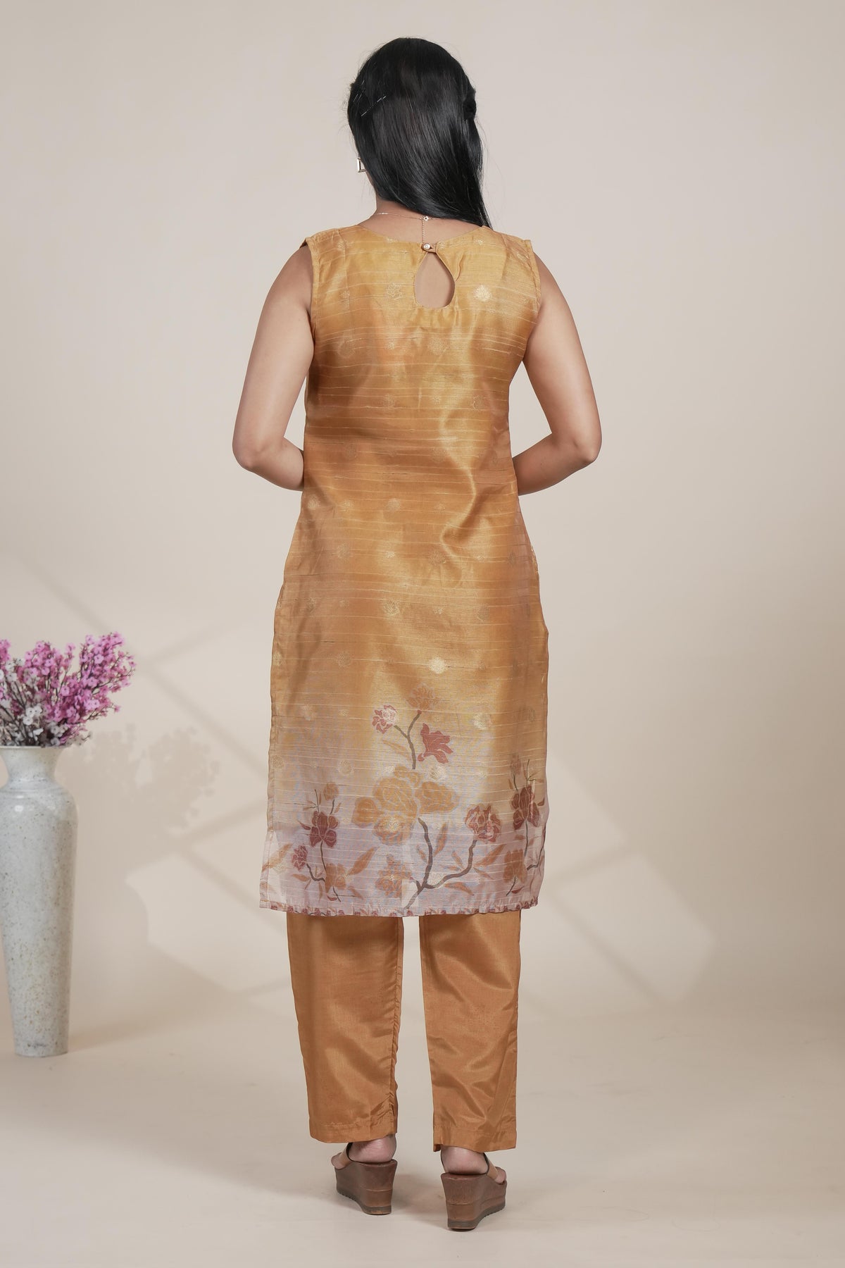 Beige gold floral designed straight cut kurta set with pant and a shawl