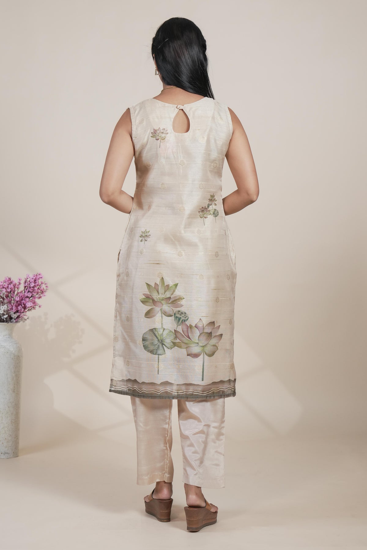 Off white floral designed straight cut kurta set with pant and a shawl