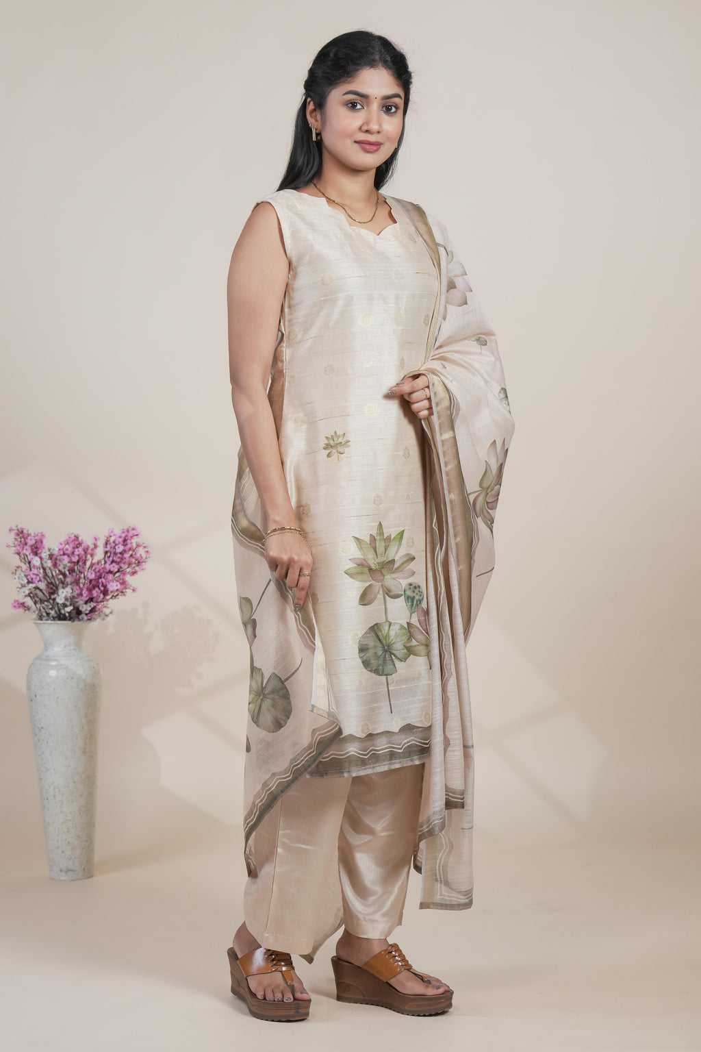Off white floral designed straight cut kurta set with pant and a shawl