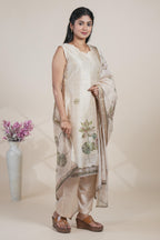 Off white floral designed straight cut kurta set with pant and a shawl