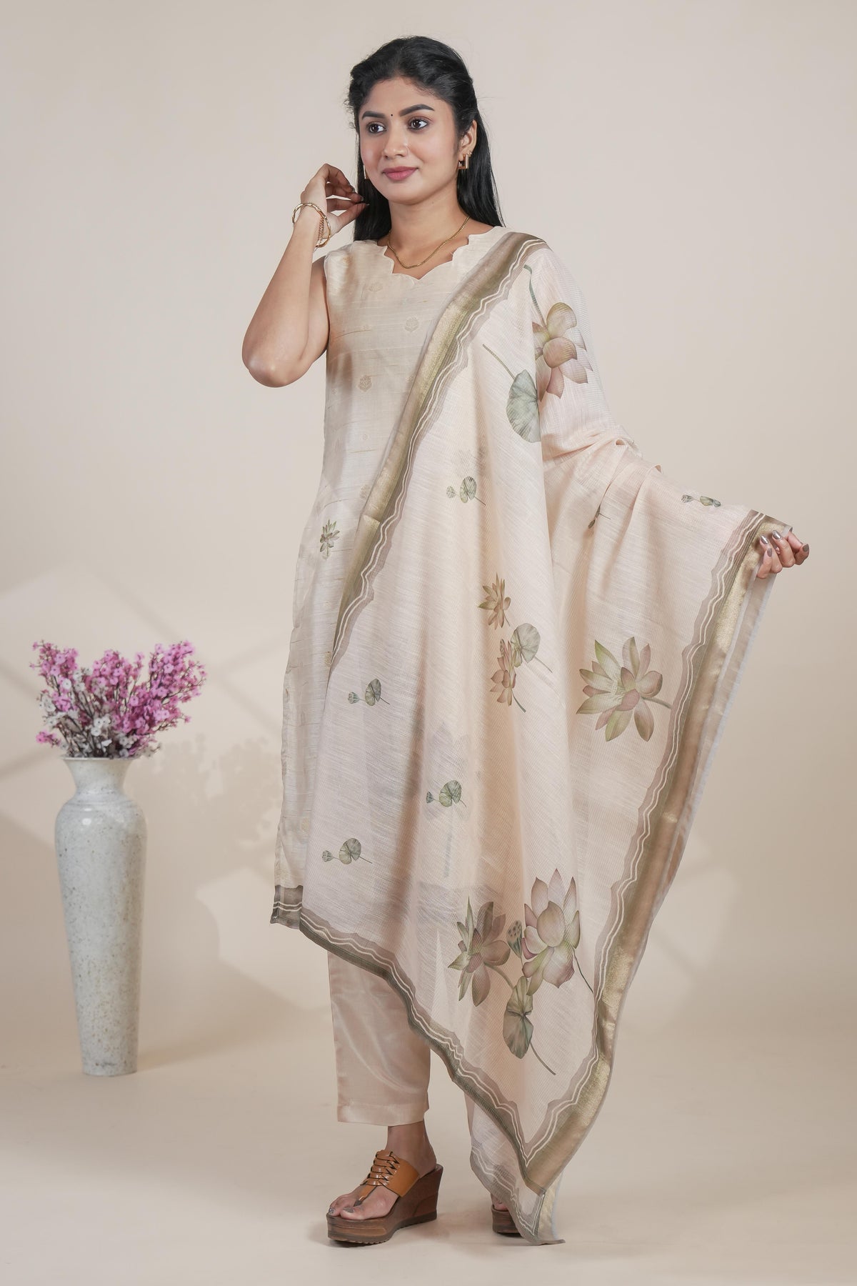 Off white floral designed straight cut kurta set with pant and a shawl