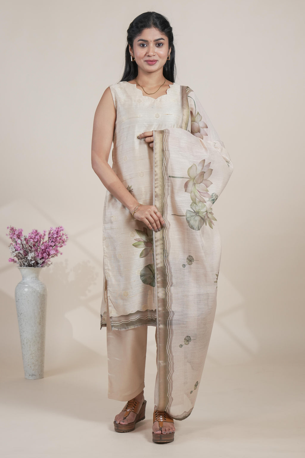 Off white floral designed straight cut kurta set with pant and a shawl