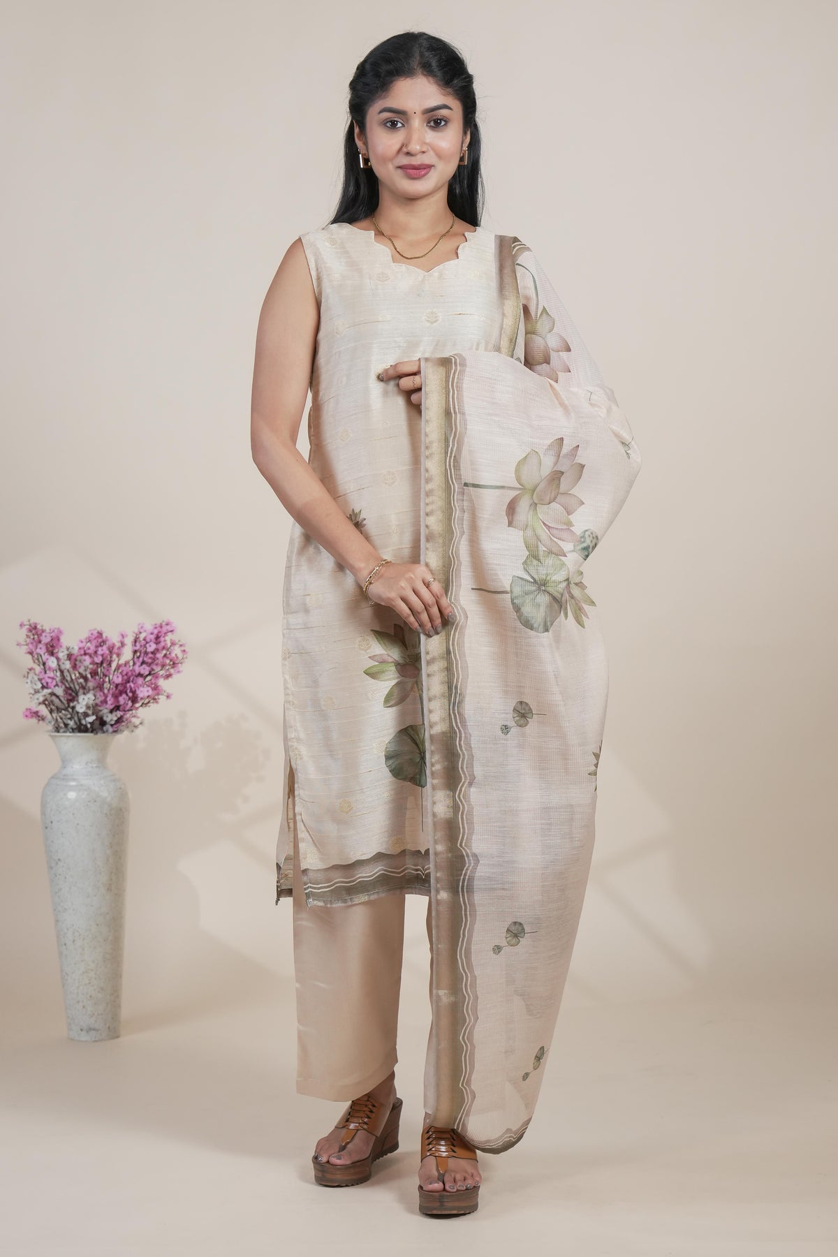 Off white floral designed straight cut kurta set with pant and a shawl
