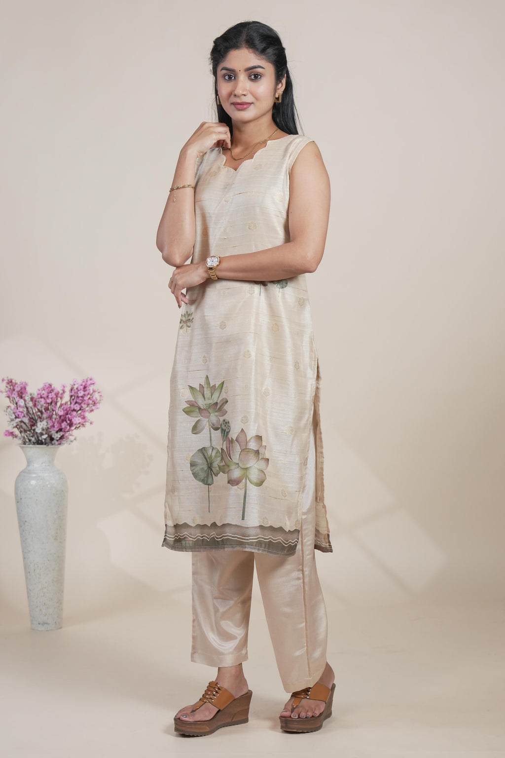 Off white floral designed straight cut kurta set with pant and a shawl