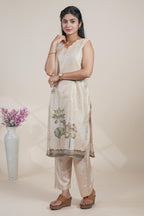 Off white floral designed straight cut kurta set with pant and a shawl