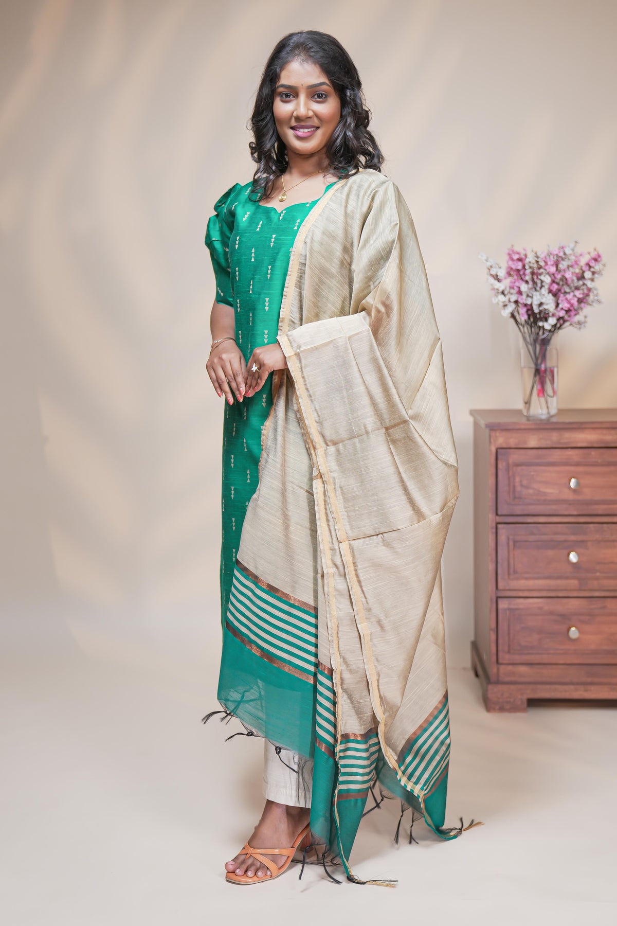 Women emerald green cotton silk straight kurta pant set with tissue dupatta