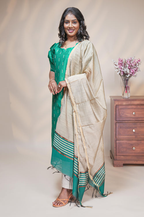 Women emerald green cotton silk straight kurta pant set with tissue dupatta