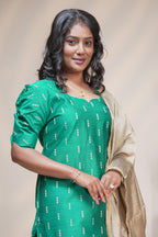 Women emerald green cotton silk straight kurta pant set with tissue dupatta