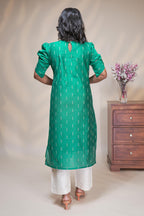 Women emerald green cotton silk straight kurta pant set with tissue dupatta