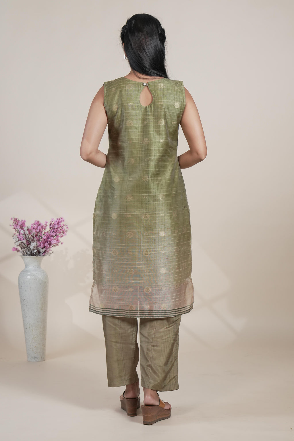 Moss green floral designed straight cut kurta set with pant and a shawl