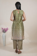 Moss green floral designed straight cut kurta set with pant and a shawl