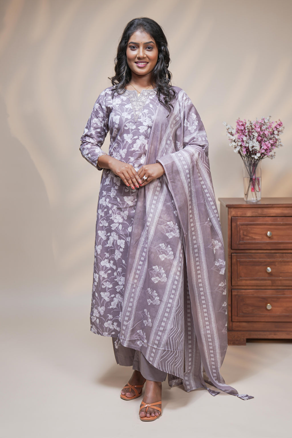 women pink floral designed straight kurta set with matching pant and dupatta