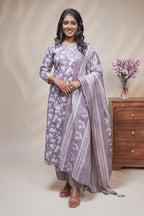 women pink floral designed straight kurta set with matching pant and dupatta