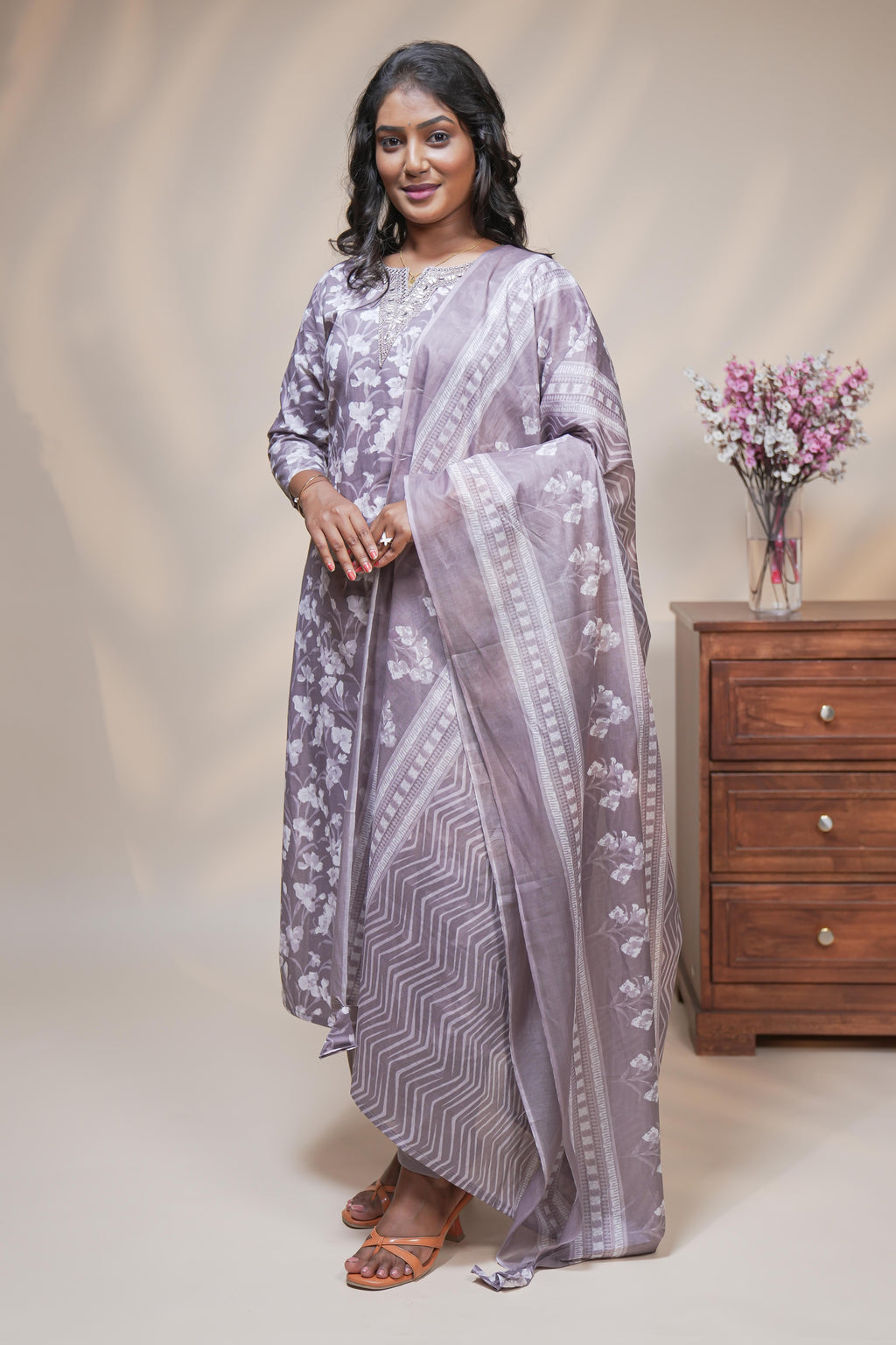 women pink floral designed straight kurta set with matching pant and dupatta