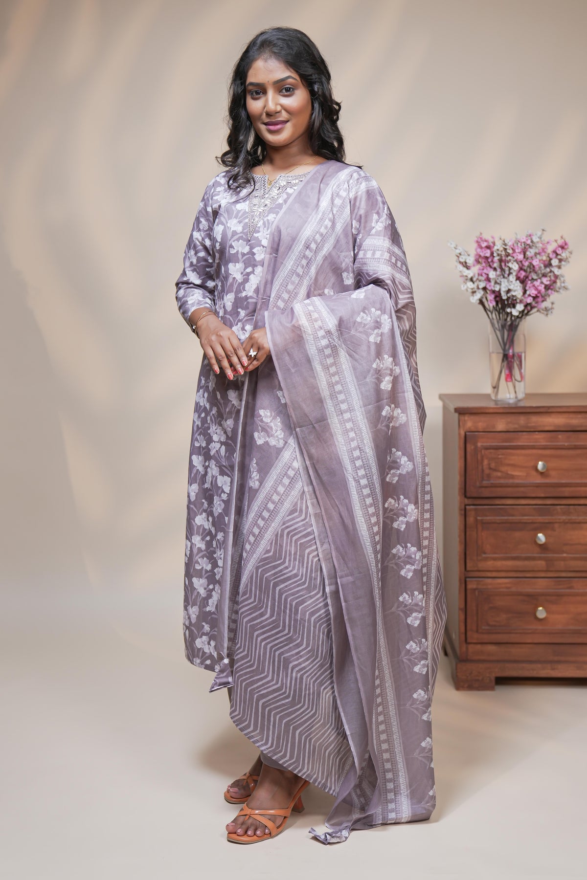 women pink floral designed straight kurta set with matching pant and dupatta