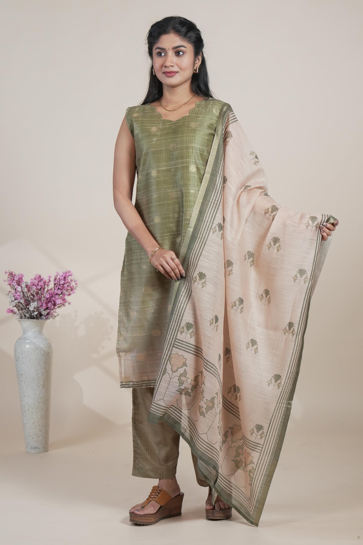 Moss green floral designed straight cut kurta set with pant and a shawl