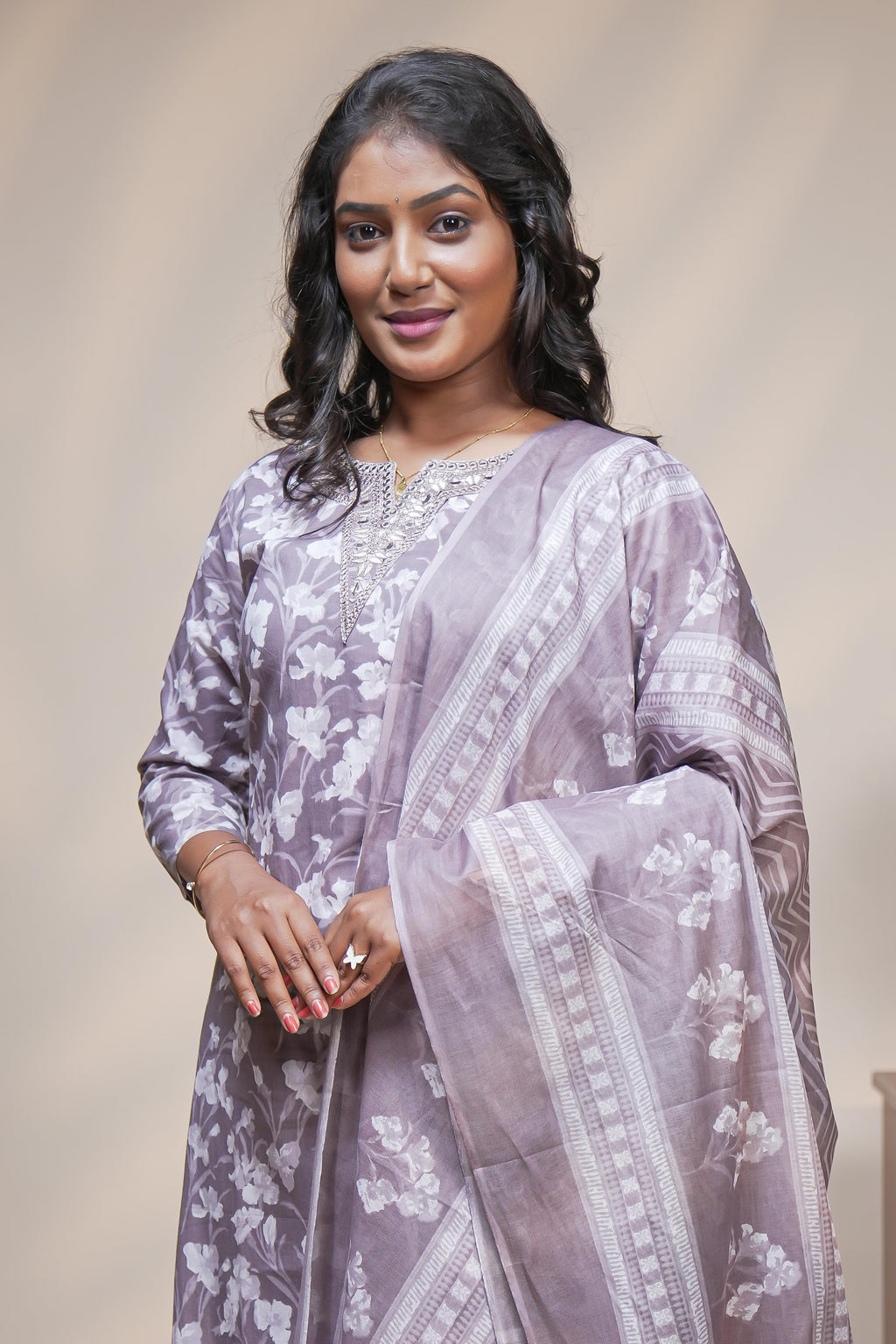 women pink floral designed straight kurta set with matching pant and dupatta