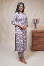 women pink floral designed straight kurta set with matching pant and dupatta