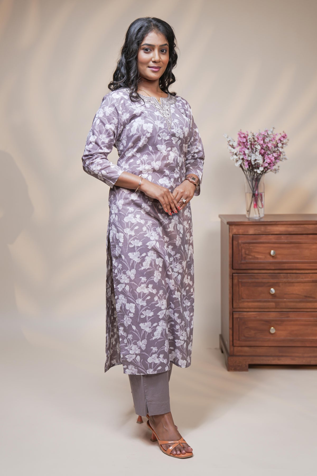 women pink floral designed straight kurta set with matching pant and dupatta