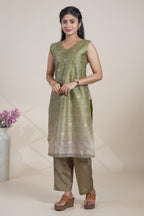 Moss green floral designed straight cut kurta set with pant and a shawl