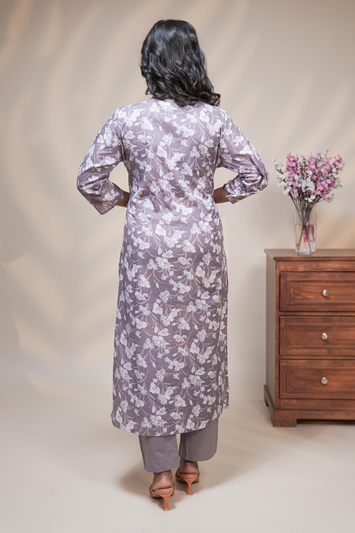 women pink floral designed straight kurta set with matching pant and dupatta