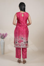 Rani pink floral designed straight cut kurta set with pant and a shawl