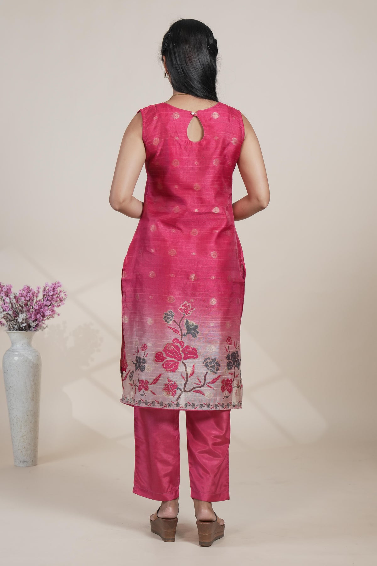 Rani pink floral designed straight cut kurta set with pant and a shawl