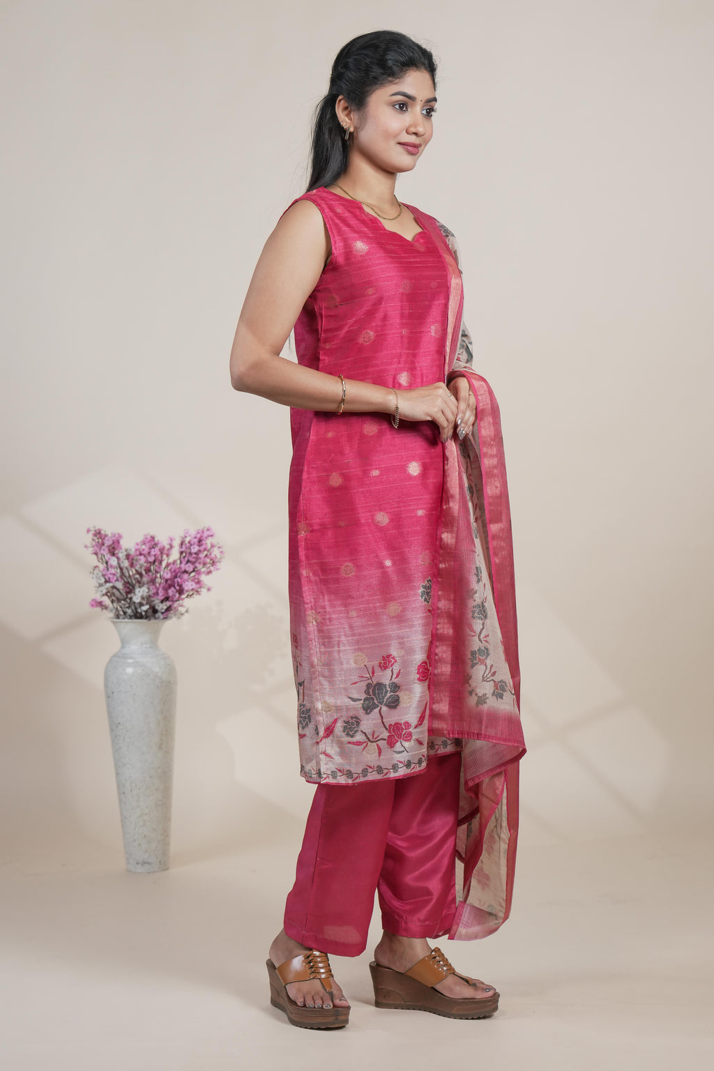 Rani pink floral designed straight cut kurta set with pant and a shawl