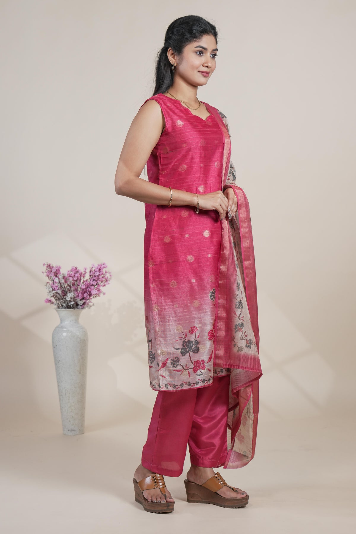 Rani pink floral designed straight cut kurta set with pant and a shawl
