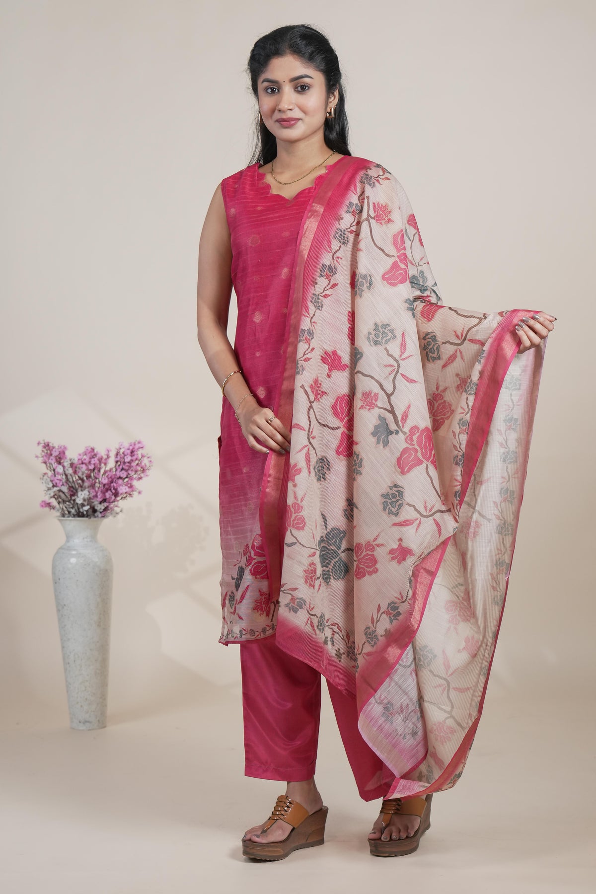 Rani pink floral designed straight cut kurta set with pant and a shawl