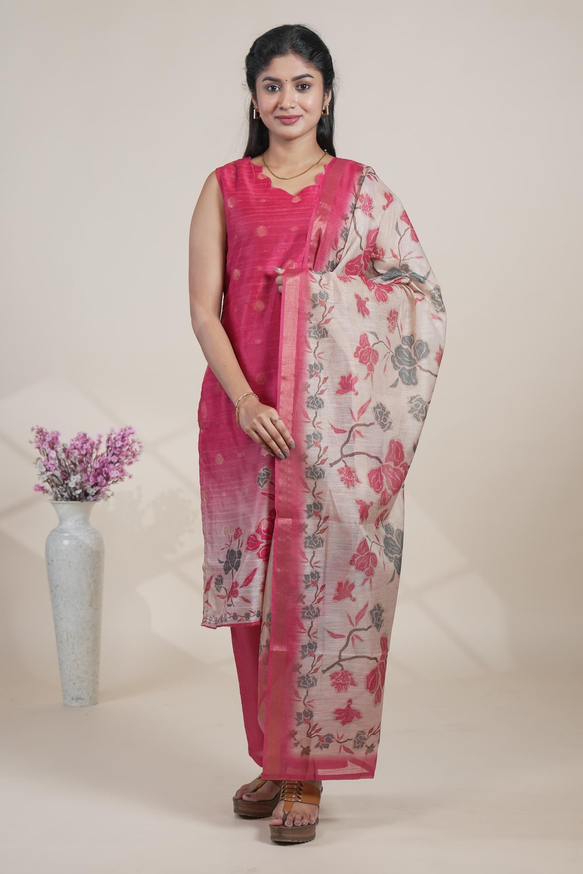 Rani pink floral designed straight cut kurta set with pant and a shawl