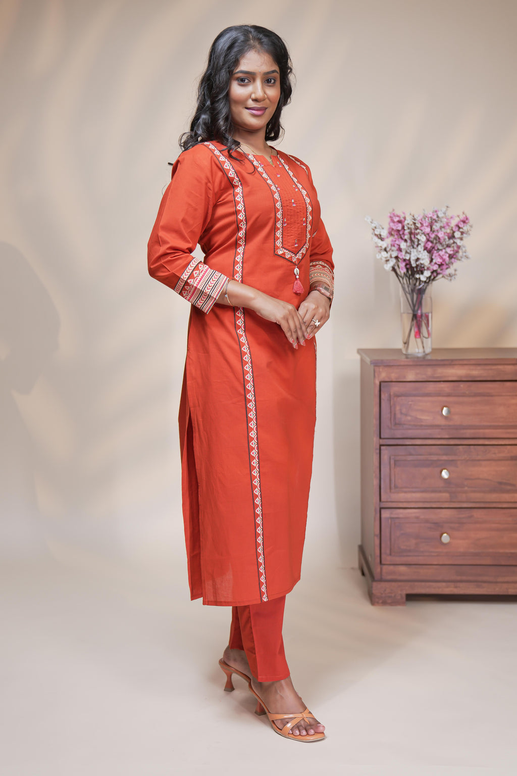 women rust orange cotton straight kurta pant and dupatta set with embroidered yoke