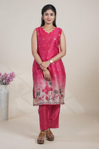 Rani pink floral designed straight cut kurta set with pant and a shawl