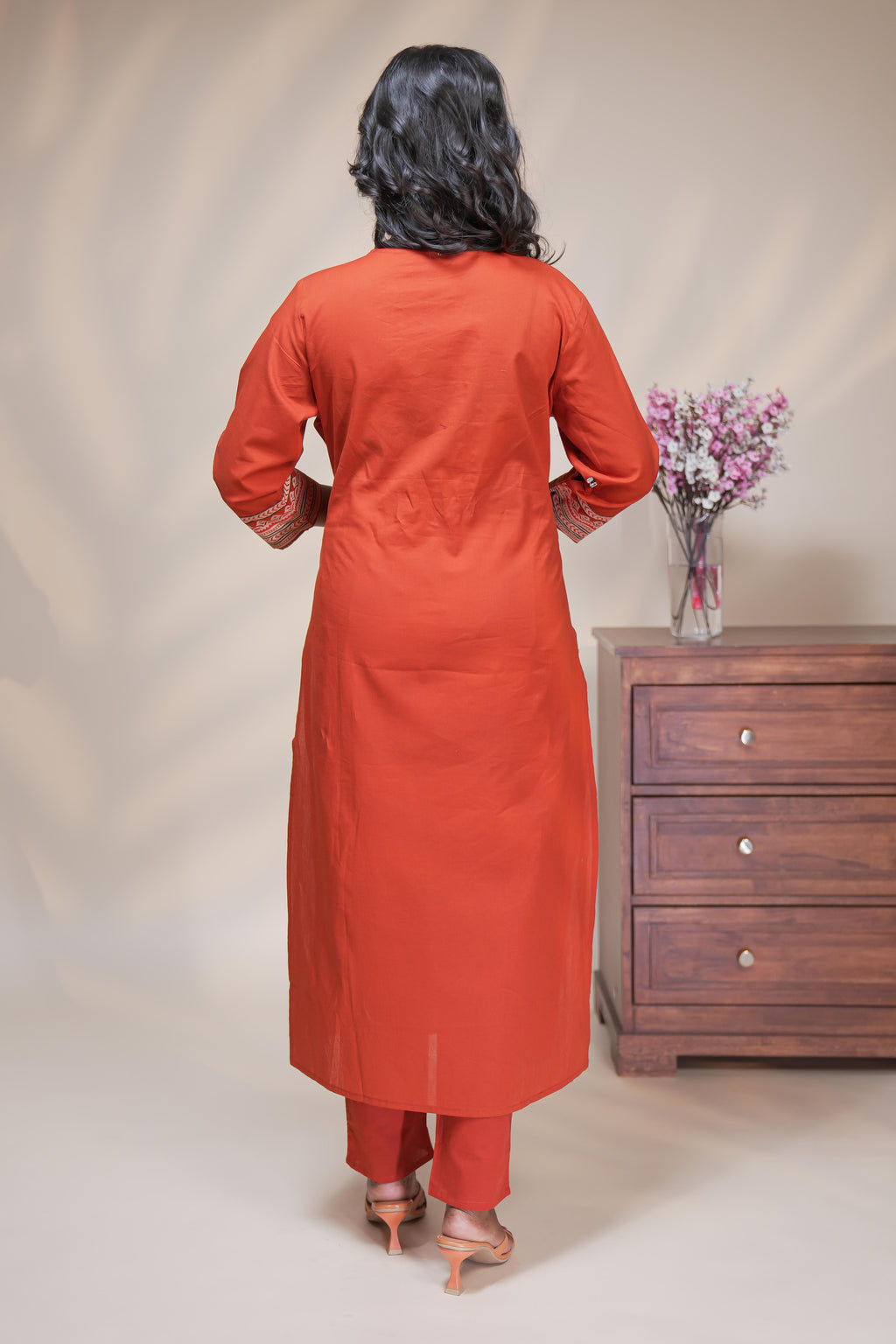 women rust orange cotton straight kurta pant and dupatta set with embroidered yoke