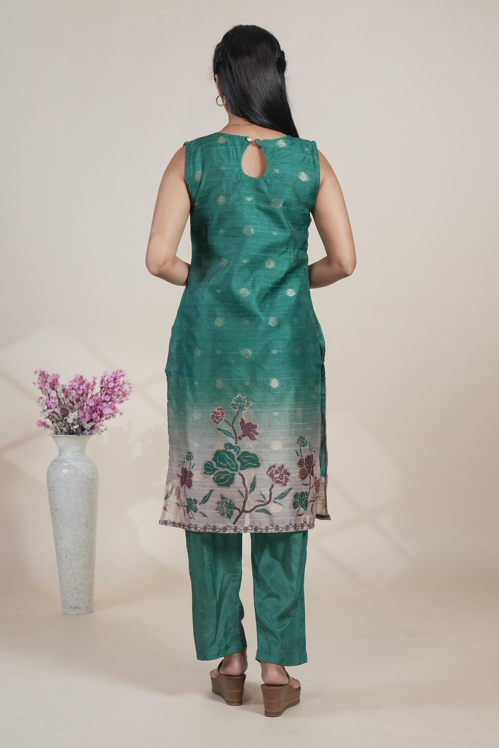 Green floral designed straight cut kurta set with pant and a shawl