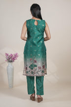 Green floral designed straight cut kurta set with pant and a shawl