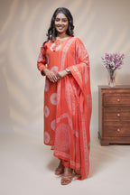 women orange mandala block print straight kurta set with pant and dupatta