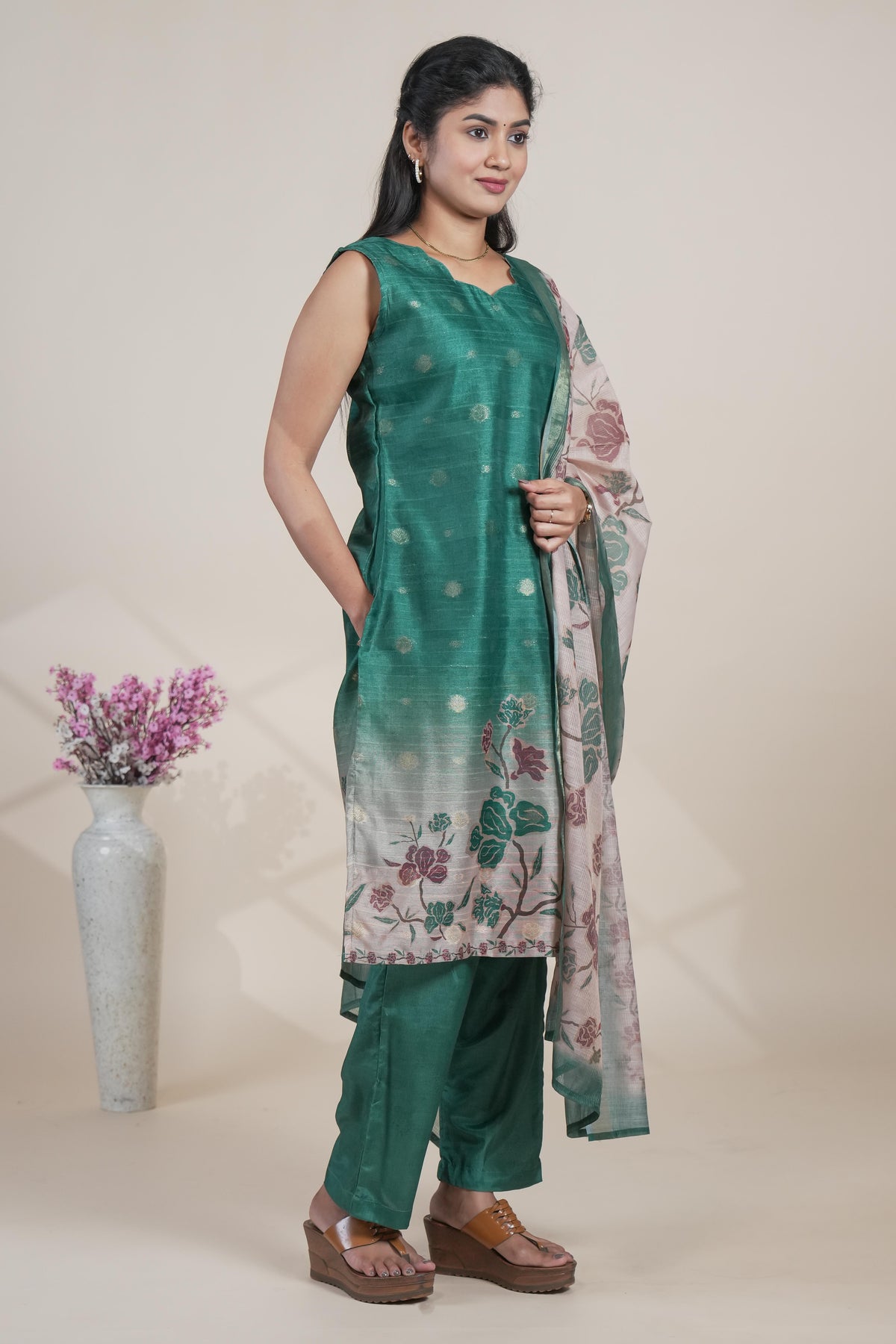 Green floral designed straight cut kurta set with pant and a shawl